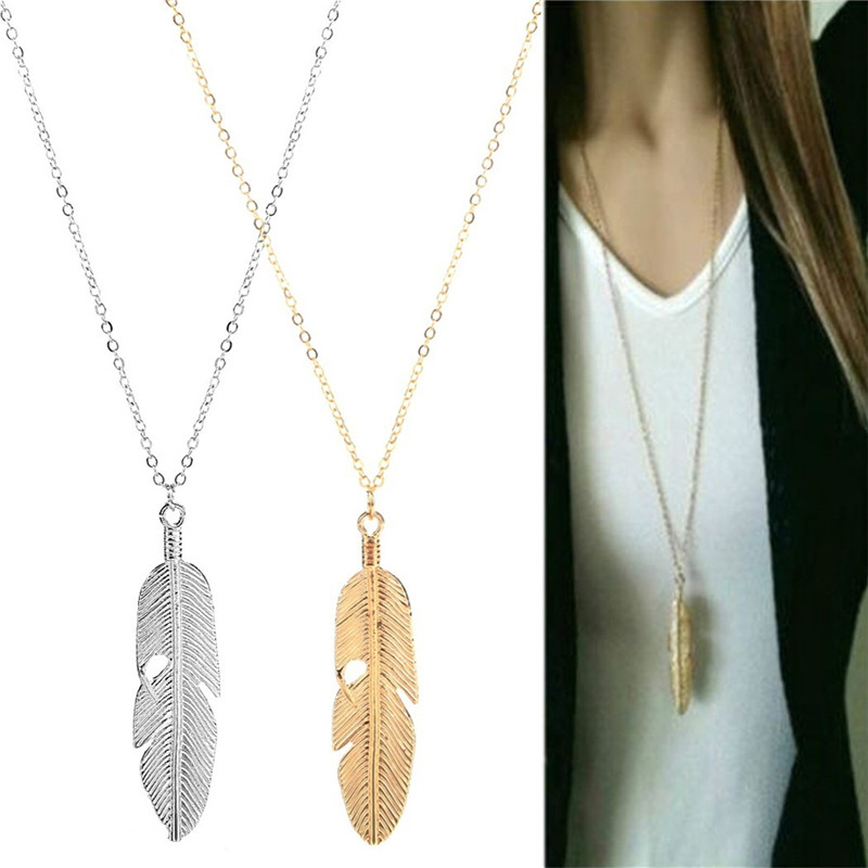 Hot Fashion Women Girl Silver Plated Feather Pendant Long Sweater Chain Necklace